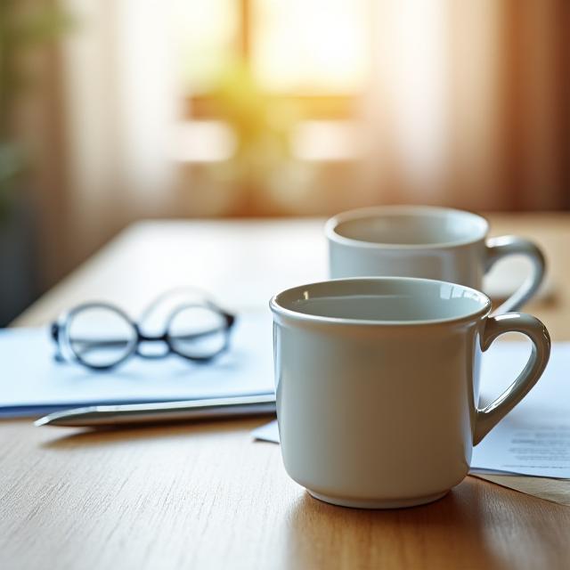 To kopper kaffe på et moderne kontorbord med juridiske dokumenter i baggrunden